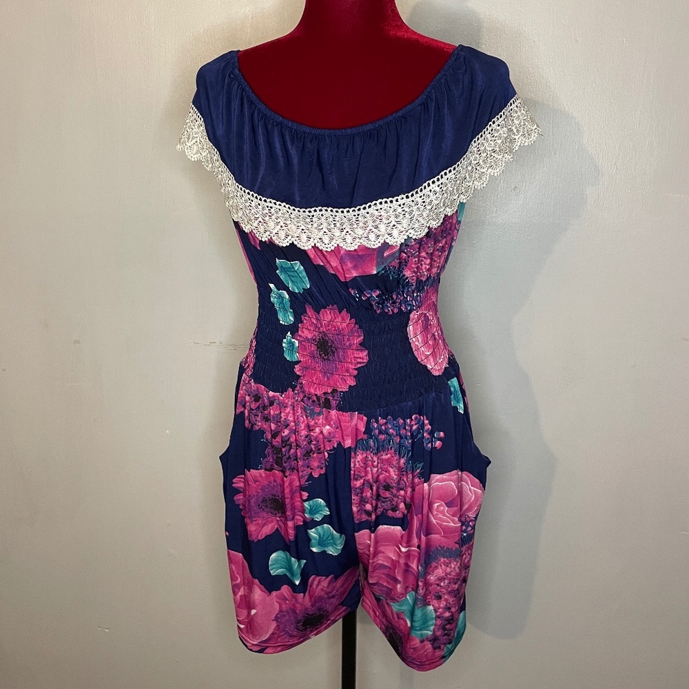 Blue Pink Floral Women’s Romper One Size